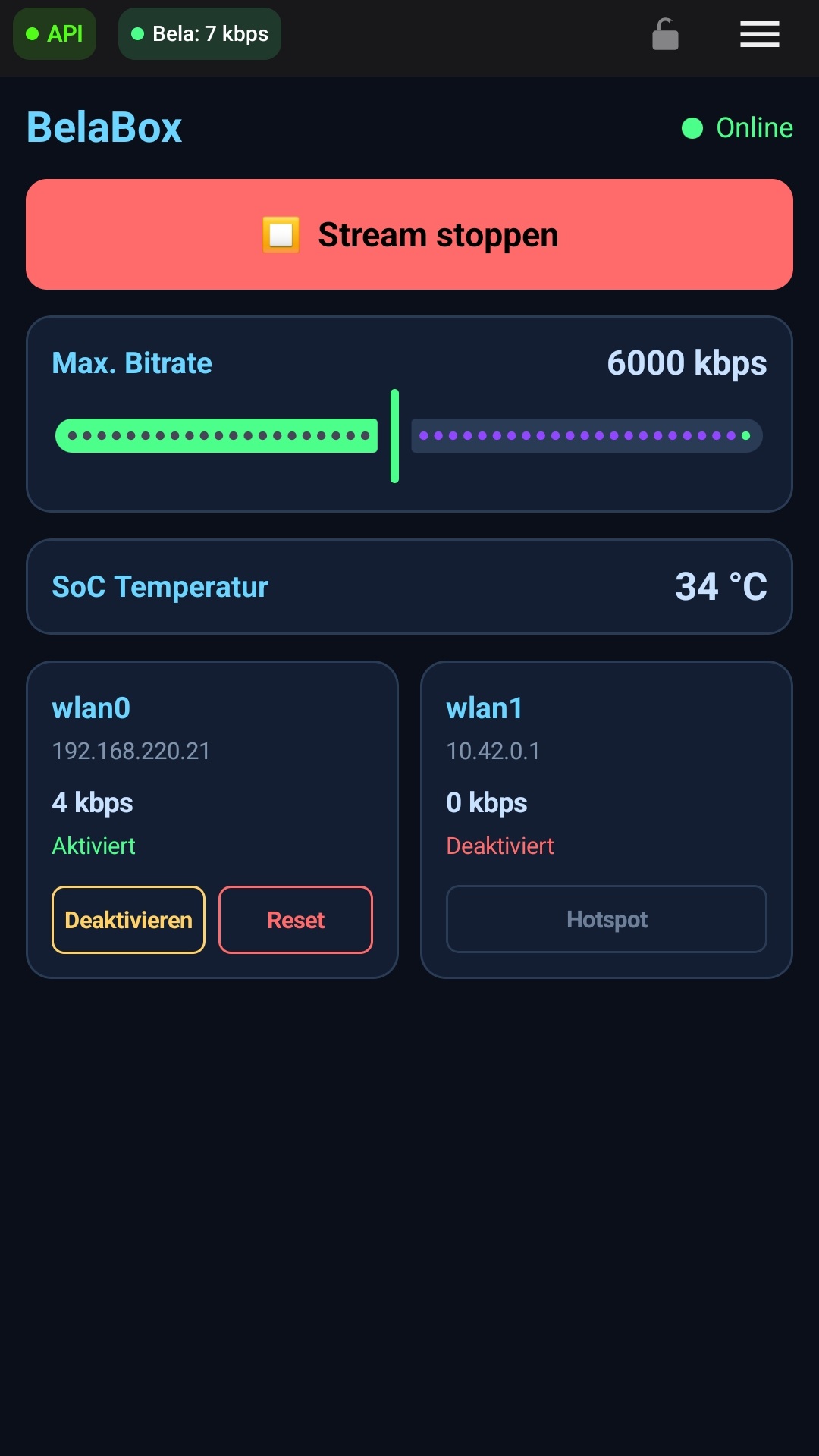 Originale BelaBox-Steuerung mit Bitrate, Temperatur und Interfaces